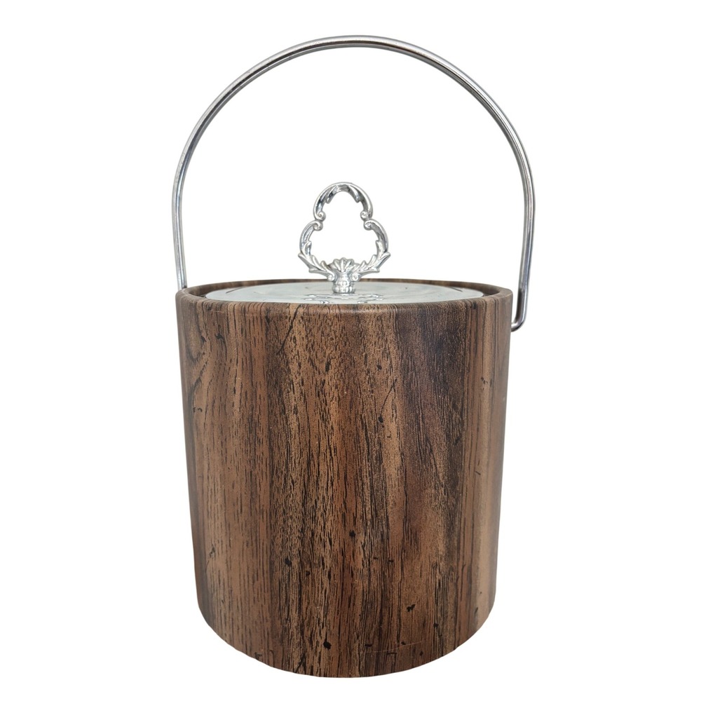 Irvinware Ice Bucket Wood Grain Metal Lid‎ Handle Made USA Vintage Barware